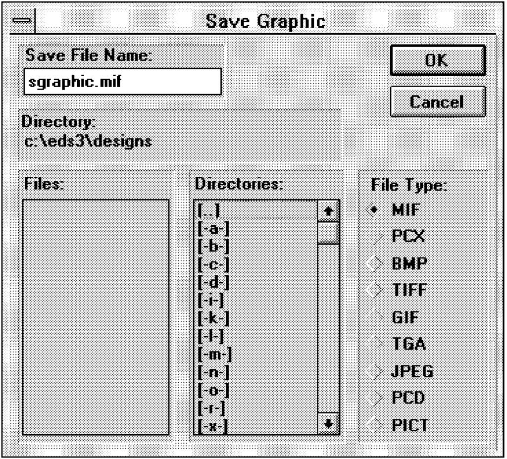Graphic Save 7-7 In the example in Figure 7-6, we are saving the graphic file named sgraphic into the d:\eds3\designs directory in the MIF file format.