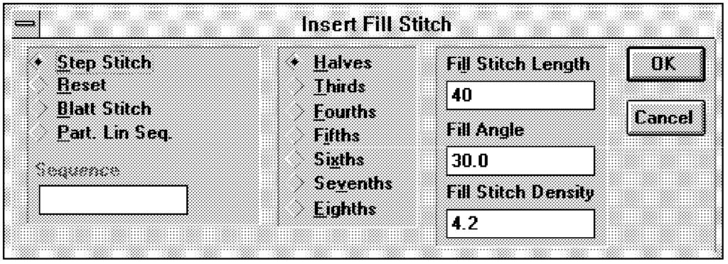 When you select Blatt Stitch you may also change the Fill Stitch Density value before you click OK. The Part. Lin Seq.