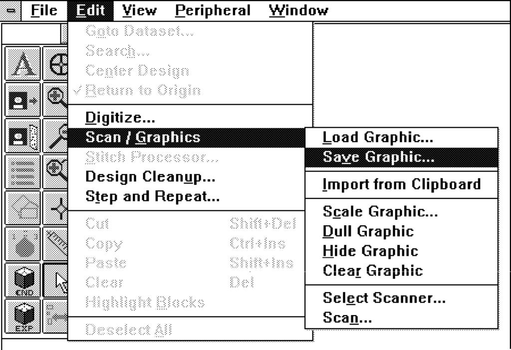 Graphic Save 7-7 Graphic Save Graphic Save allows you to save your currently loaded or scanned image in the same formats that are available in load. 1. In the Layout window, click on Edit.