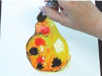 2. 3. 4. Design Use a yellow Mega Marker to draw the shape of the pear and roughly colour it in.