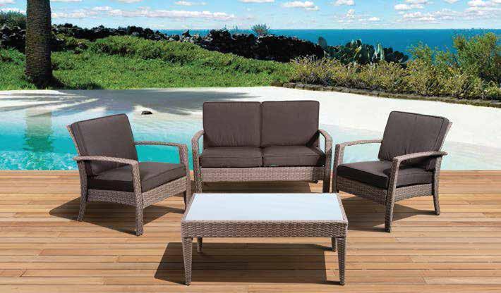 MALTA 4 PIECE CONVERSATION SET. SYNTHETIC WICKER WITH ALUMINUM FRAME AND SOLID WOOD LEGS.