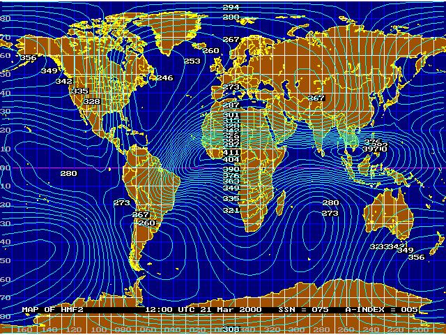 F2 Layer Height Maximum Maps Map 7.19 hmf2 21 March at 12:00 UTC. hmf2 maps indicate the altitude above the earth's surface where the ionosphere electron density reaches a maximum.