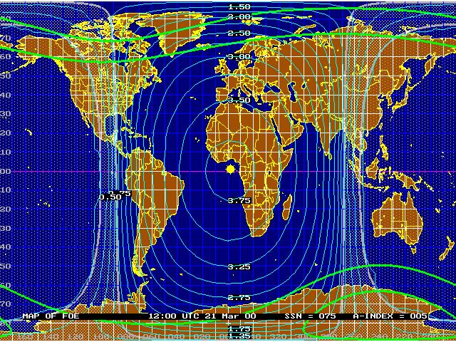Map 7.1 foe March 21 at 12:00 UTC. Contoured in steps of 0.25 MHz. In the above Map 7.1 is also shown the grayline zone and the auroral zones: these zones need some brief description.