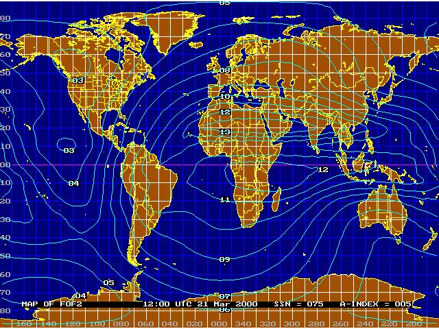 F2 Layer Critical Frequencies Maps Map 7.2 fof2 March 21at 12:00 UTC.