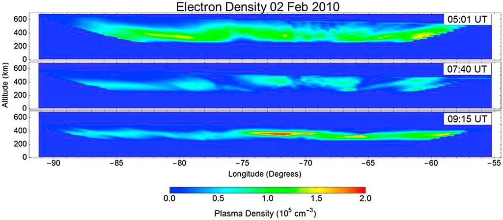 Figure 3. Electron density contours of the equatorial ionosphere obtained by analysis of C/NOFS TEC observations with computerized tomography.
