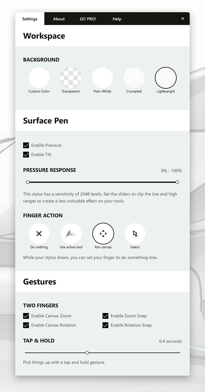 Settings In the Settings menu, you ll see abilities to configure your Background, Surface Pen and Gestures.