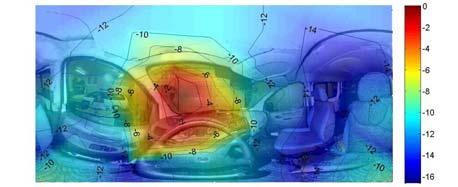 false-color maps. As in the background noise case, anechoic measurement imposed frequency limits. When front right woofer was feeded, reflections on the left front window could be noticed (Figure 14).