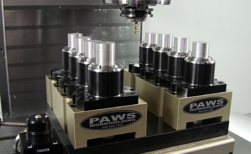 A key advantage of The PAWS 5C system is that it uses fixed (or static) collet sleeves, which control part location and provides center line repeatability of