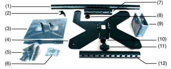 Kit Content: The ceiling mount kit contains the following parts: Indication Description Quantity (1) Long extension 1 (2) L-shape fixation 1 (3) Ceiling plate (without pipe) 1 (4) Projector plate 1