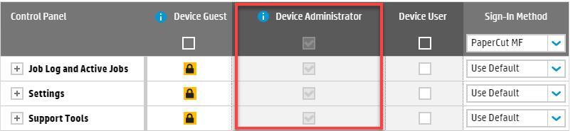 4. In the Control Panel, Sign-In Method column, select PaperCut MF: 5. Using the Device Guest column, specify the device functions that require authentication and the ones that do not.