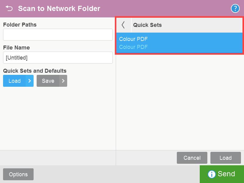 11. Verify that the Scan to Network Folder screen displays the configured Quick Set: 12.