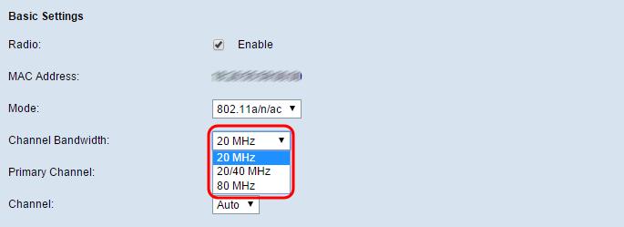 Step 3. Choose the channel bandwidth for the radio from the Channel Bandwidth drop-down list. The options are described as follows: 20 MHz Restricts the use of channel bandwidth to a 20 MHz channel.