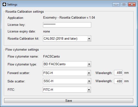 The first time you calibrate your flow cytometer, a new window will be opened. The form contains specific settings for your flow cytometer.