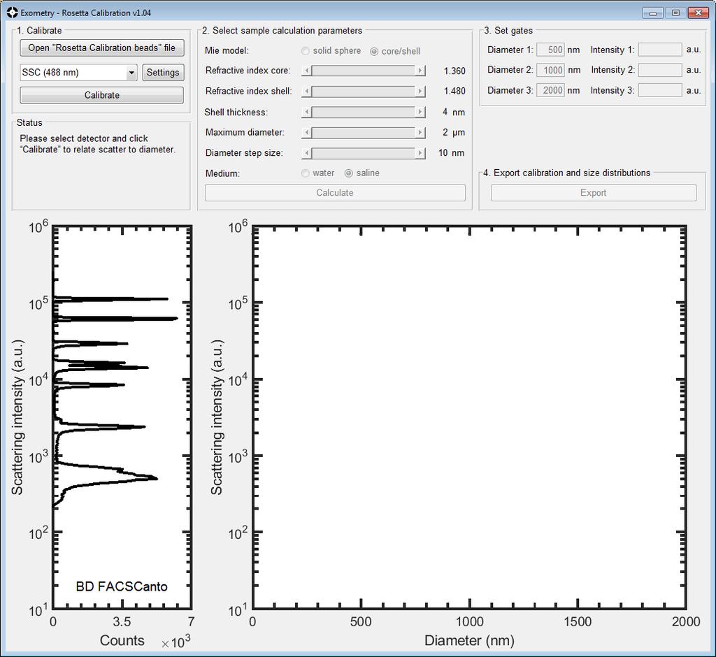 Select the scatter detector that you want to calibrate. The left graph shows a scatter histogram of the Rosetta Calibration beads.
