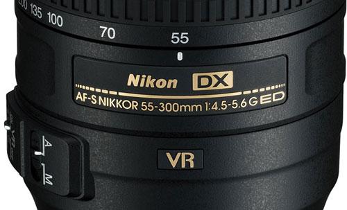 meaning the lens has Nikon's Nano Crystal Coat, an incredibly effective antireflective coating. "There can be other notations, though." He picked up an AF-S DX NIKKOR 55-300mm f/4.5-5.6g ED VR.