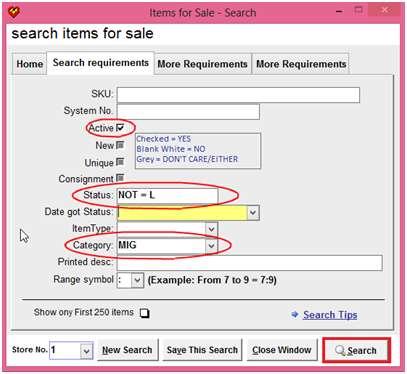 This should be done via Work with inventory, which is a very flexible tool that allows us to search for, display, and edit almost any group of items, using any search criteria.