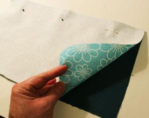 To prepare the inner lining of the outer pockets, cut two pieces of fabric to 15" wide by 8 1/2" high.