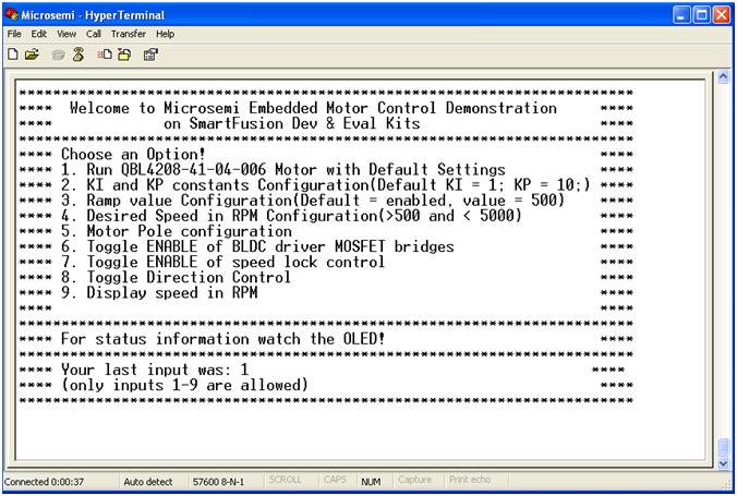 User Interface Below are the user interface options available for configuration and running the motor. Description of options: Figure 19 UI Command Interface Using Hyperterminal 1.