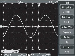1. Setting up channel coupling Take the example of applying a signal to CH1. The signal being tested is a sine signal that contains DC. Press [F1] then [F2] to select AC.