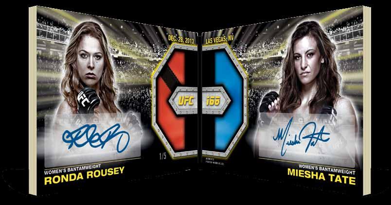 Memorable Match-Ups Dual Autographed Relic Book Card AUTOGRAPHED RELIC Cards Knockout Autographed Relic Cards Fighters shown with their autographs alongside a piece of fighter-worn gear. Numbered!