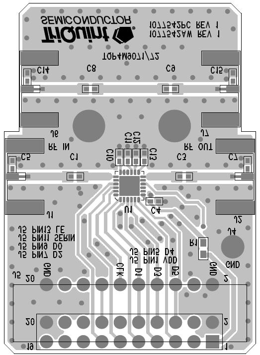 Applications Information PC Board Layout Top RF layer is.020 Rogers-4003, є r = 3.45, 4 total layers (0.062 thick) for mechanical rigidity. Metal layers are 1-oz copper.