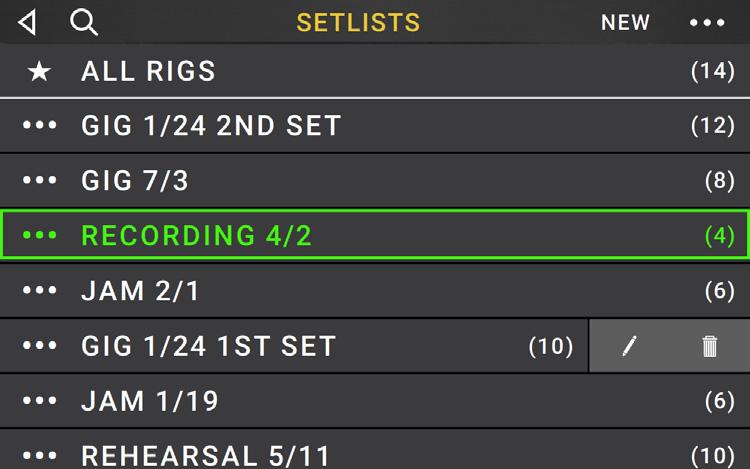 In the screen that appears, the left half is a list of all available rigs, and the right half is the list of rigs in the setlist. To add a rig to the setlist, tap it to add it to the end of the list.