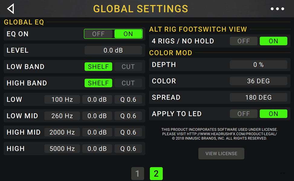 Global EQ: These settings on Page 2 determine if/how equalization is applied for your outputs. This equalizer is a four-band parametric equalizer.