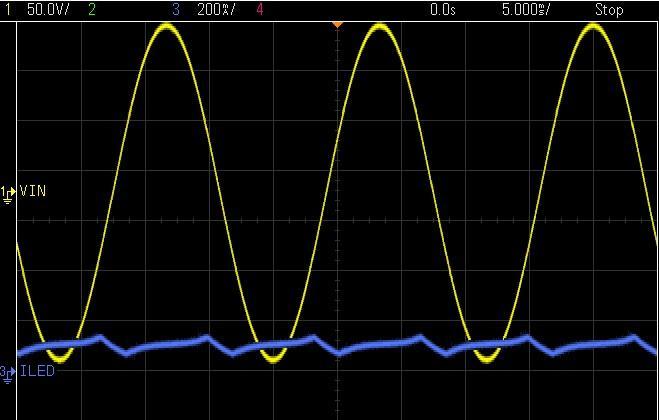 Waveform #3=> Channel 1: Vin = 120V AC, Channel 3: ILED with 68uF Electrolytic Capacitor Board Vin =