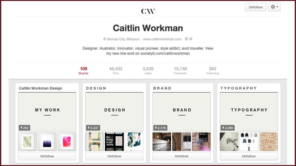 Caitlin Workman is a designer, illustrator and visual pioneer, and her Pinterest Boards are an incredible example of extending her lifestyle, interests, and creative research to her brand.