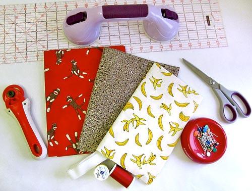 ¾ yard of 44-45" wide fabric for the apron front; we used Red Sock Monkey from the 5 Funky Monkeys by Erin Michaels for Moda Fabrics 1 yard of 44-45" wide fabric for the apron lining, ties and pocket