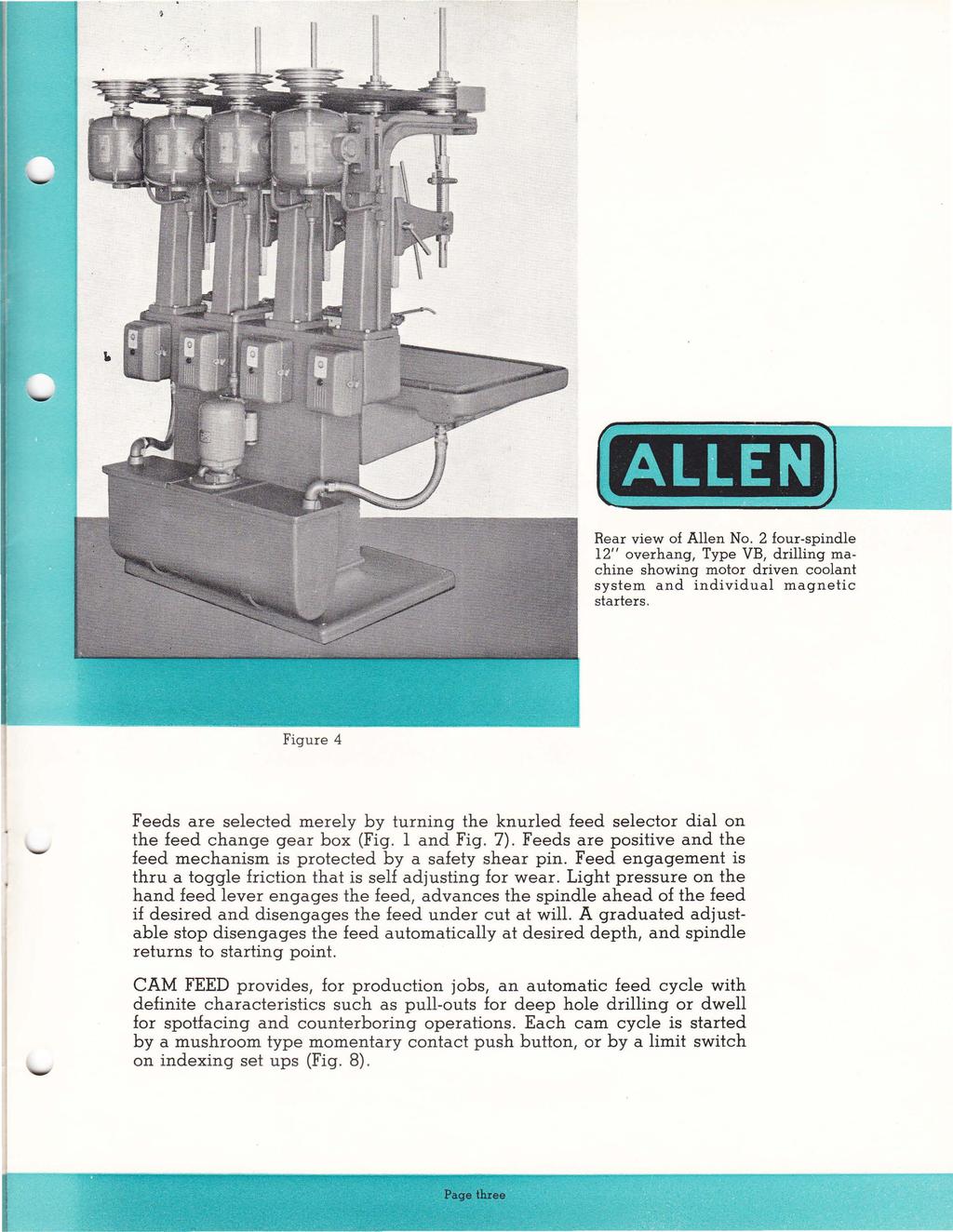 Rear view of Allen No. 2 four-spindle 12" overhang, Type VB, drilling machine showing motor driven coolant system and individual magnetic starters.