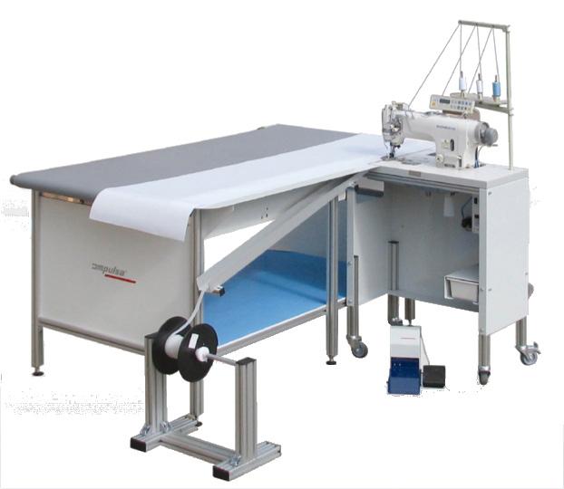 The conveyor and sewing speed are synchronized and an automatic thread cutting and continuous thread tension system achieves perfect results in hemming and SEG sewing.