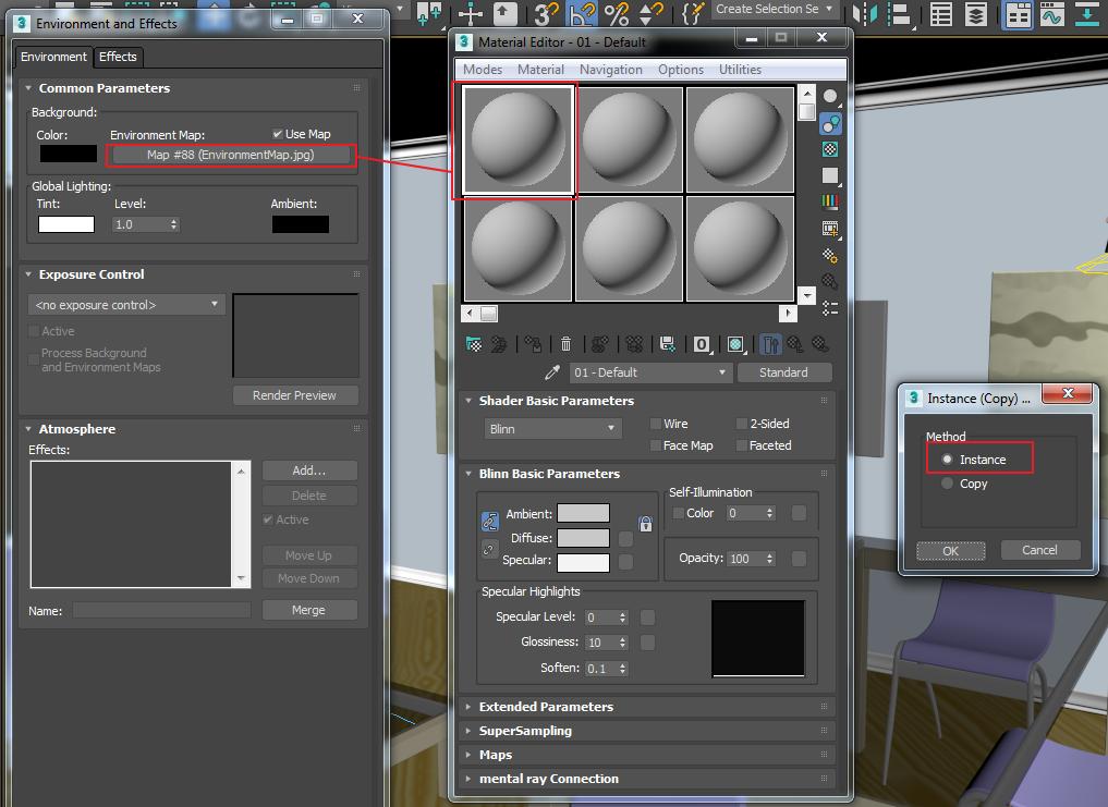 37. With the Environment and Effects dialog still active, open the Compact Material Editor (M).