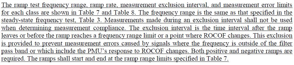 Test 5 : Frequency ramp - Exclusion interval The formulas for computing the phasor, frequency, and ROCOF values are based on an integer time step that only works when the ramp starts at nominal and