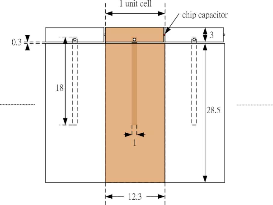 6. Fig. 7 shows the proposed CRLH unit cell based on ACPS technology used for realizing the horizontal scanned leaky wave antenna is shown in Fig. 7. In the proposed design, the chip capacitor provides left-handed series capacitance, whereas an open stub provides left-handed shunt inductance.