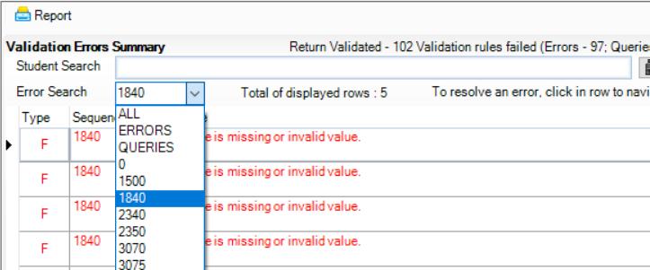 4. You can also filter to a sequence number via the Error search, click on the drop down list arrow and choose a number and this automatically displays those Errors or Queries 5.