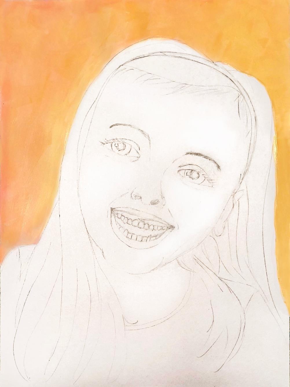 Step 3 Now paint the background color or colors you chose outside of the pencil line you drew. The colors chosen here are yellow and orange to complement the happy expression on the girl s face.