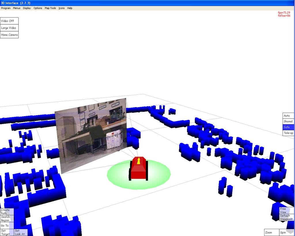 Figure 2: The virtual 3D interface integrates map, video, and robot pose into a single perspective.