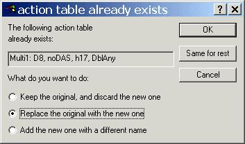 If you have any action tables, count systems, or index sets with the same names, you will be prompted about replacement.