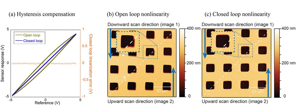 Fig. 3. Nonlinearity in open loop compared with closed-loop scanning. (a) Open-loop hysteresis and closed-loop linear displacement of the piezotube scanner measured with the position sensor.