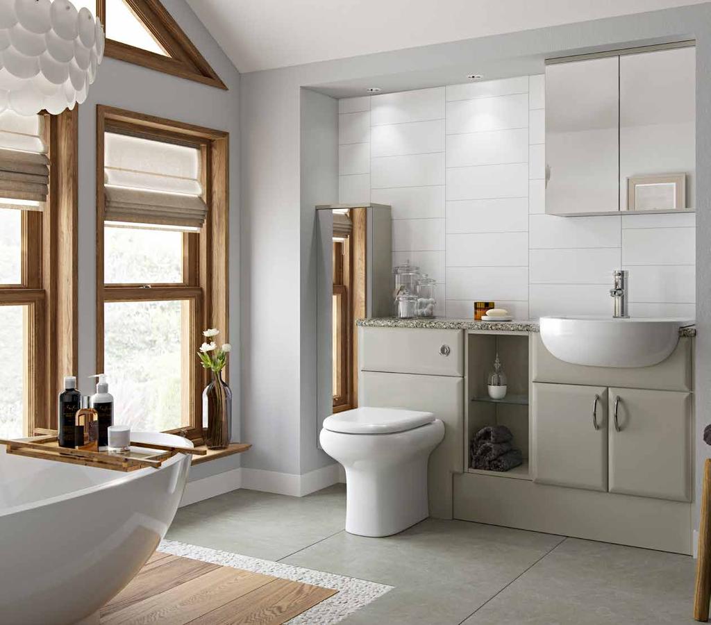 A family bathroom which maximises storage on a single wall, complemented with a feature