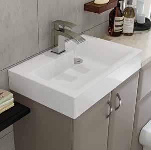 Main image: Pumice Saponetta Compact Mineral Cast Basin with 90mm Rim Square Curved Basin Tap Crema