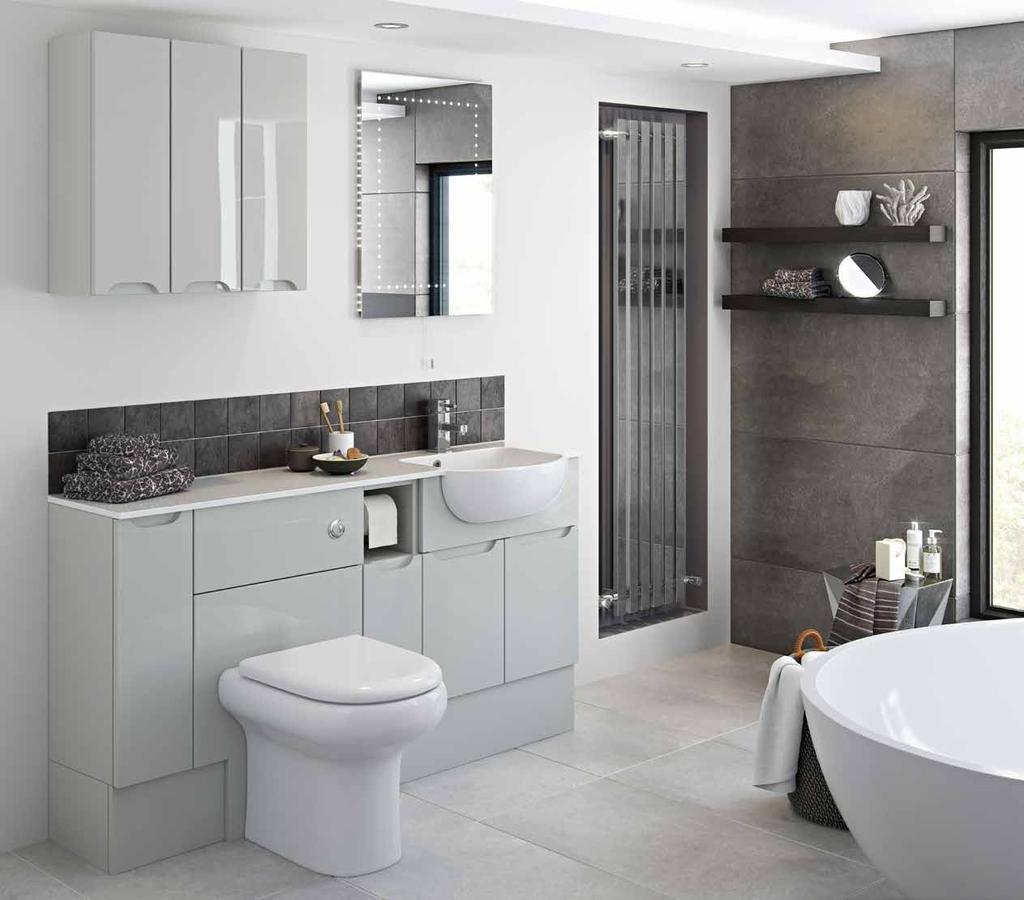 This beautiful bathroom setting allows the run of furniture with a combined basin and worktop to seamlessly