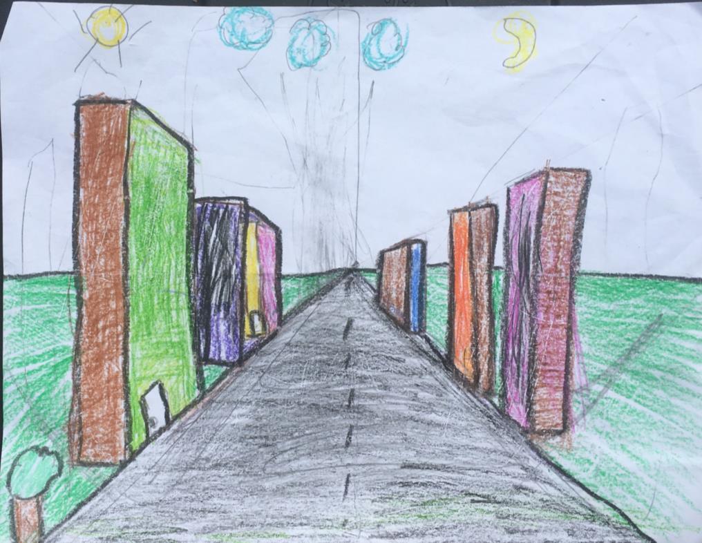 Point A: Pre Point A: Student 3 was not able to show they understood how to make a building 3D using linear perspective. There buildings are shapes and not forms.
