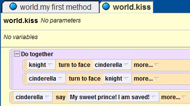 The Final Scene a Kiss Here s the right code. Notice how the cinderella say method is outside the Do together. Our next step is to have our knight move to our princess.