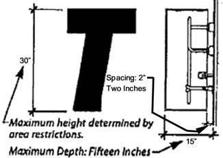 Signs shall be individual reverse channel letters, no more than thirty (30) inches in height (see Figure 3), backlighted, projected from building wall with no exposed raceway or exposed box.