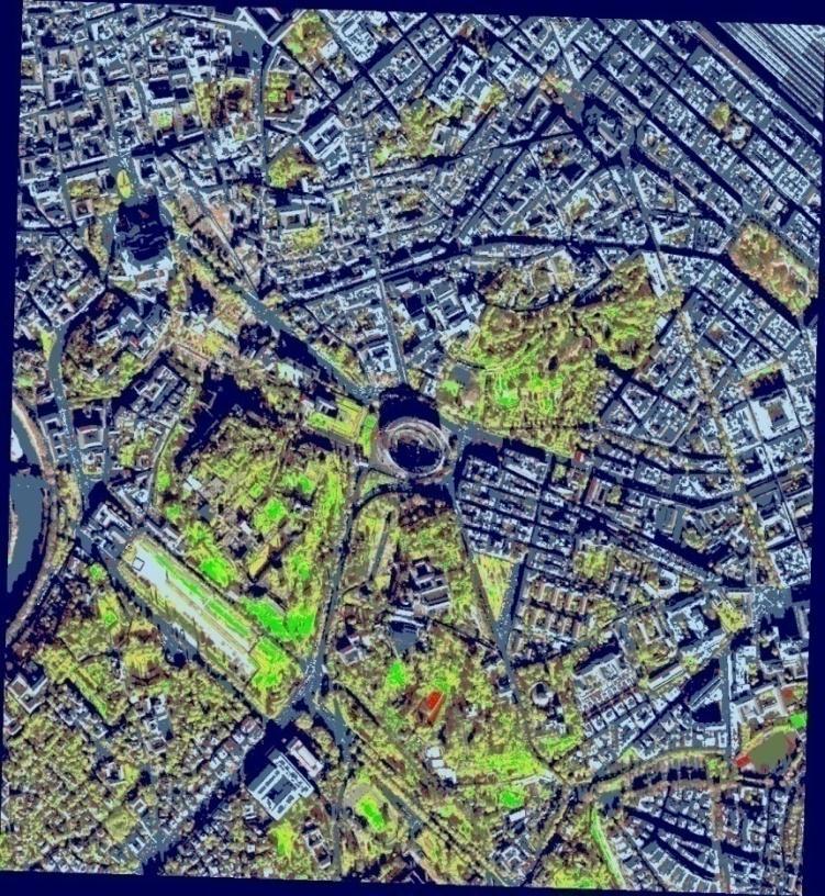 8-band WorldView-2 at 2 m resolution: Q-SIAM classification and segmentation maps Fig. A. 8-band WorldView-2 VHR image of the city of Rome, Italy, acquired on 2009-12-10, at 10:30 a..m., depicted in false colors (R: band R, G: band NIR1; B: band B), radiometrically calibrated into TOA reflectance.