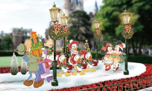 Leading the parade is a family Christmas scene with Donald Duck dressed up as Santa Claus, joined by Daisy Duck and his