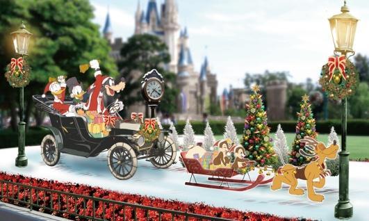 The next float has Mickey Mouse and Minnie Mouse sharing the holidays with friends, while Belle and Beast enjoy a