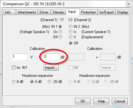 Open the property page Input of operation DIS Hi-2 2 nd measurement and enter the negated Lmean value in the channel 1 Calibration group (insert 1V = +7 db in the example).